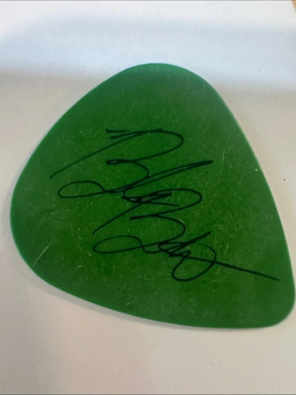 Mayday Parade Brett Brooks Printed AutographGreen Guitar Pick - Branded Logo Pic